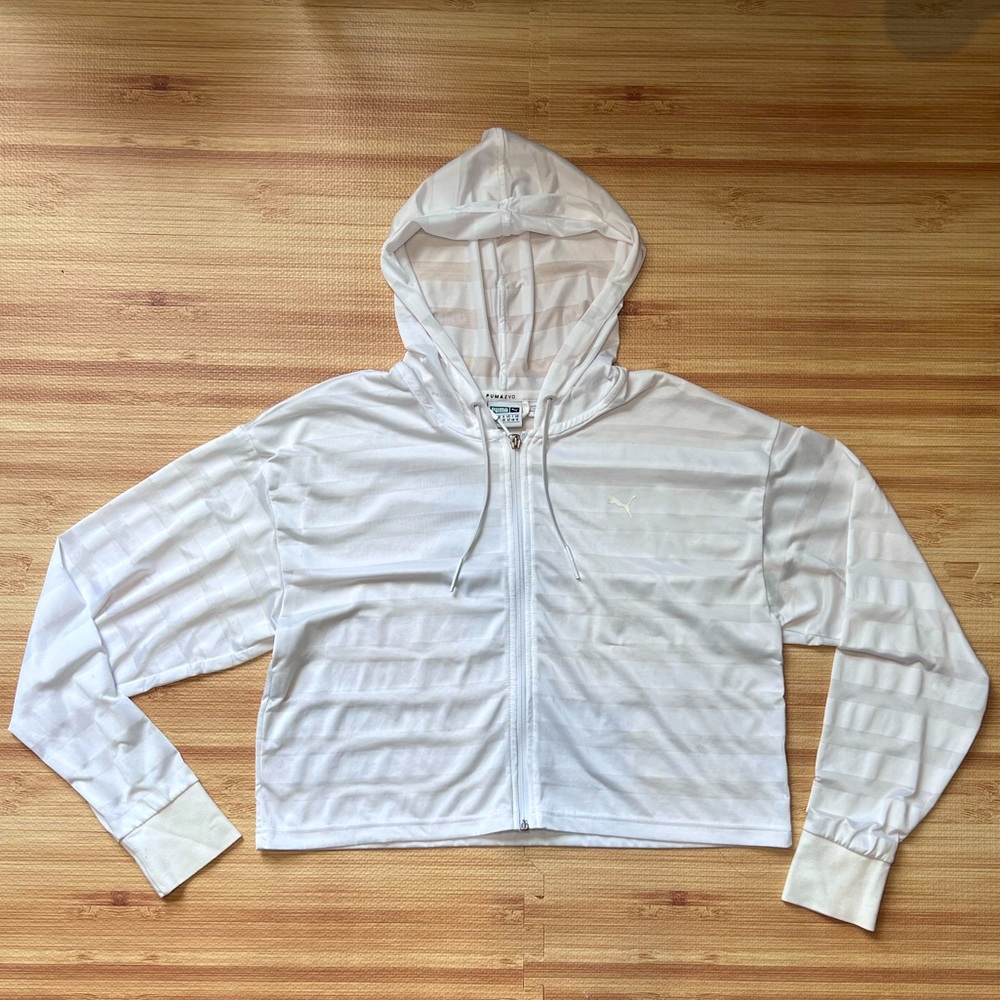 Puma Cropped Sheer Sweatshirt White Sweater Zip Up workout women